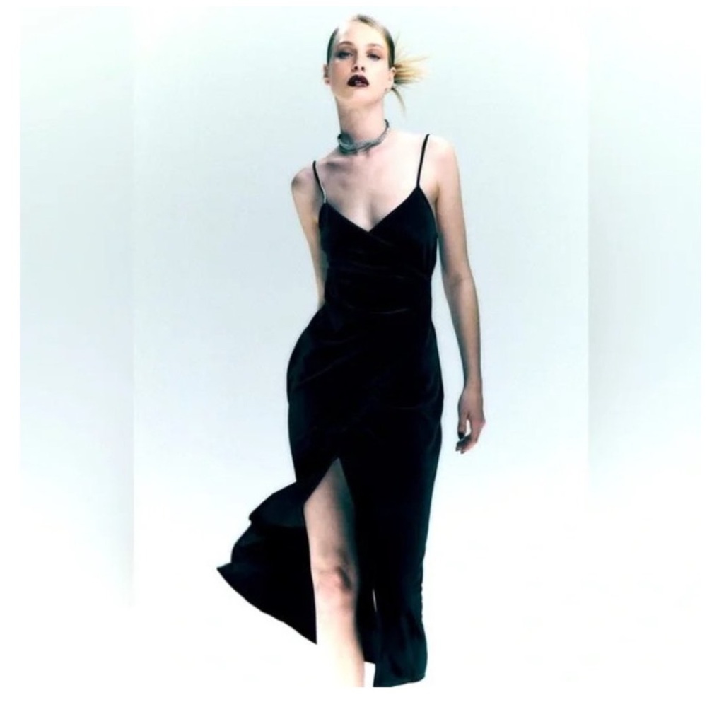 🖤 ZARA Black Velvet Crystal Straps Thigh Slit Midi Slip Dress